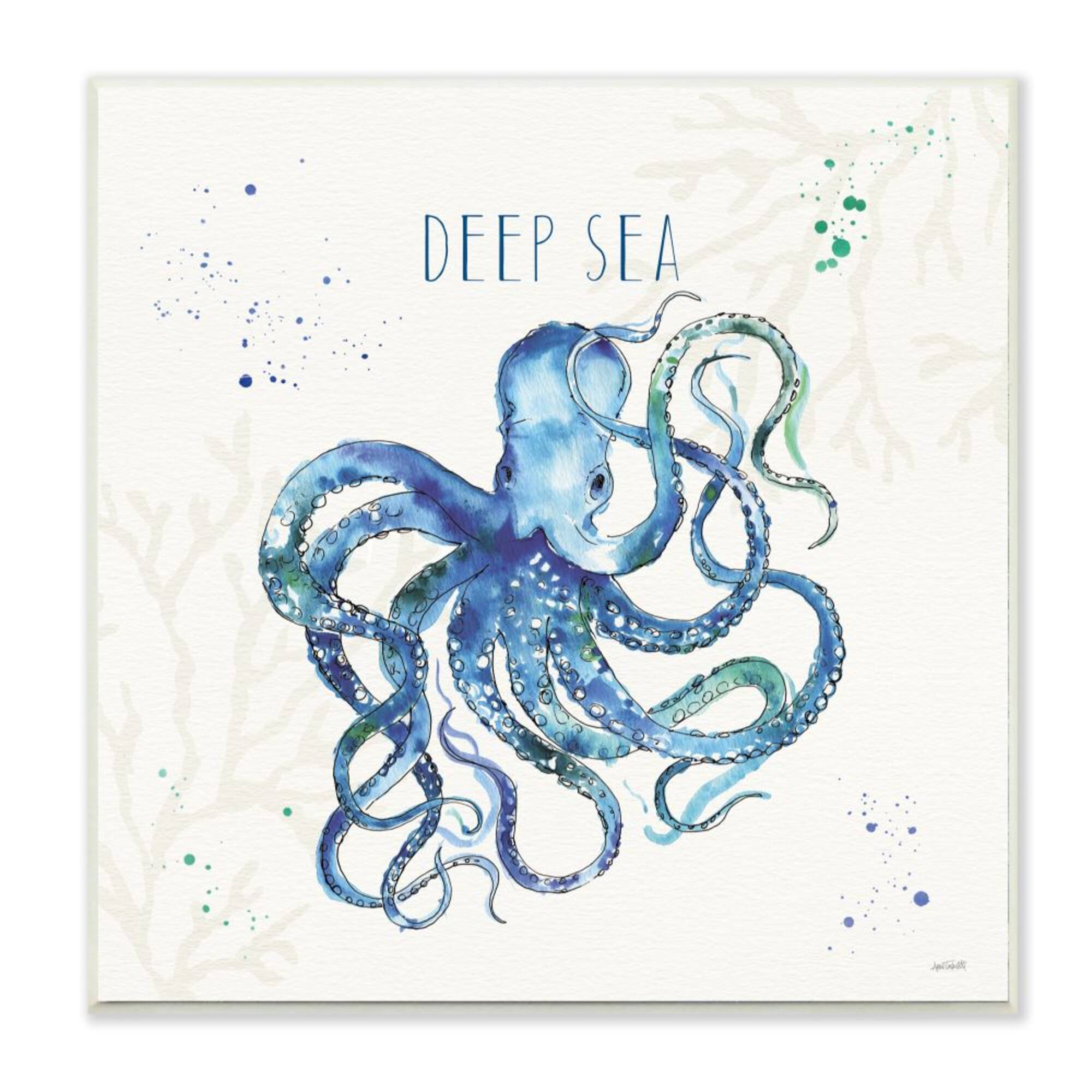 Stupell Industries Deep Sea Text Octopus Blue Green Watercolor,12" x 12"